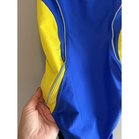 Speedo One Piece Swimsuit 12 Blue Yellow Gold Sporty PowerFlex Eco Splice Back - Picture 7 of 16